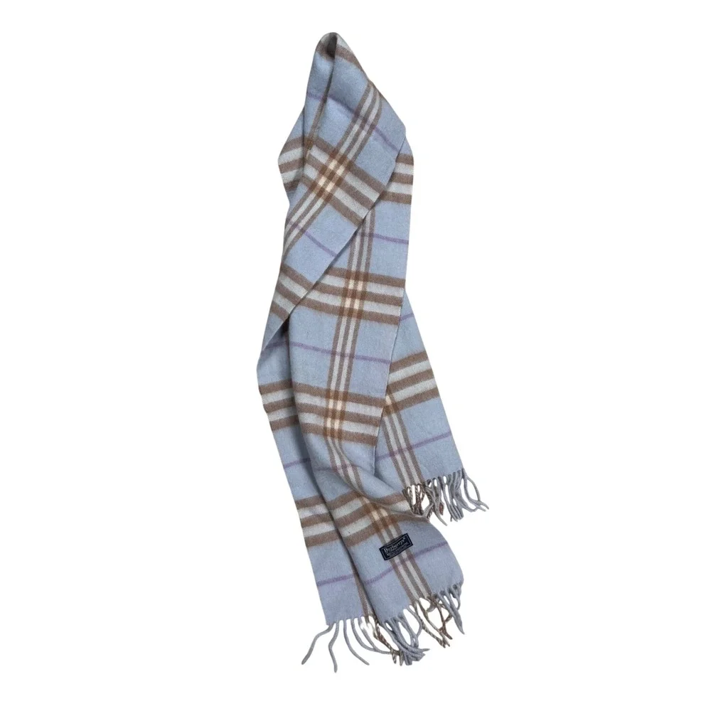 Burberrys of London Lambswool Scarf Classic Check Blue‎ Camel Purple 62 x 11.5in